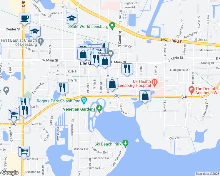 map of restaurants, bars, coffee shops, grocery stores, and more near 310 South Palmetto Street in Leesburg