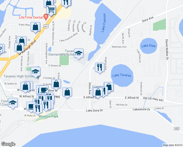 map of restaurants, bars, coffee shops, grocery stores, and more near 620 Dora Avenue in Tavares