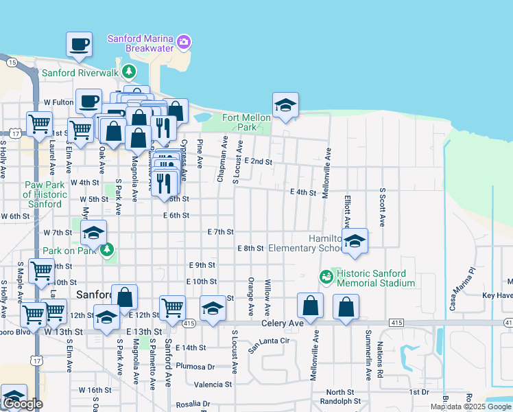 map of restaurants, bars, coffee shops, grocery stores, and more near 413 Orange Avenue in Sanford