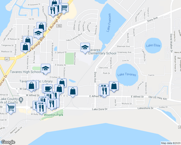 map of restaurants, bars, coffee shops, grocery stores, and more near 805 McLain Court in Tavares
