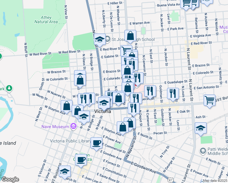 map of restaurants, bars, coffee shops, grocery stores, and more near 1401 North De Leon Street in Victoria