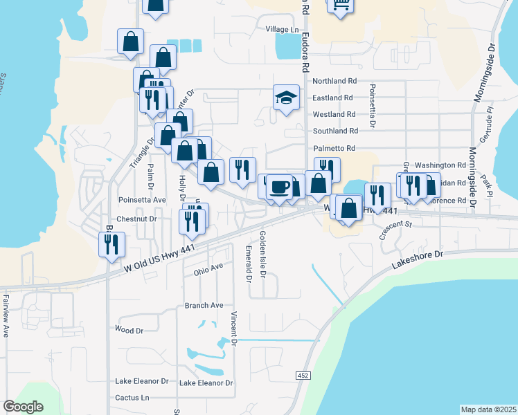 map of restaurants, bars, coffee shops, grocery stores, and more near 14 Circle Drive in Mount Dora