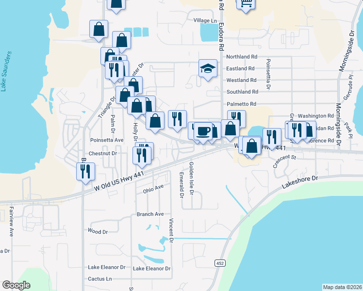 map of restaurants, bars, coffee shops, grocery stores, and more near 14 Circle Drive in Mount Dora