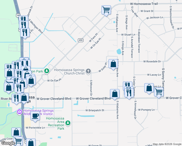map of restaurants, bars, coffee shops, grocery stores, and more near 7937 West Solar Place in Homosassa