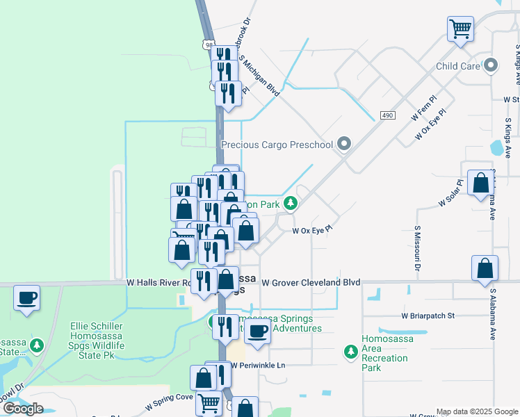 map of restaurants, bars, coffee shops, grocery stores, and more near 8301 West Destiny Lane in Homosassa Springs