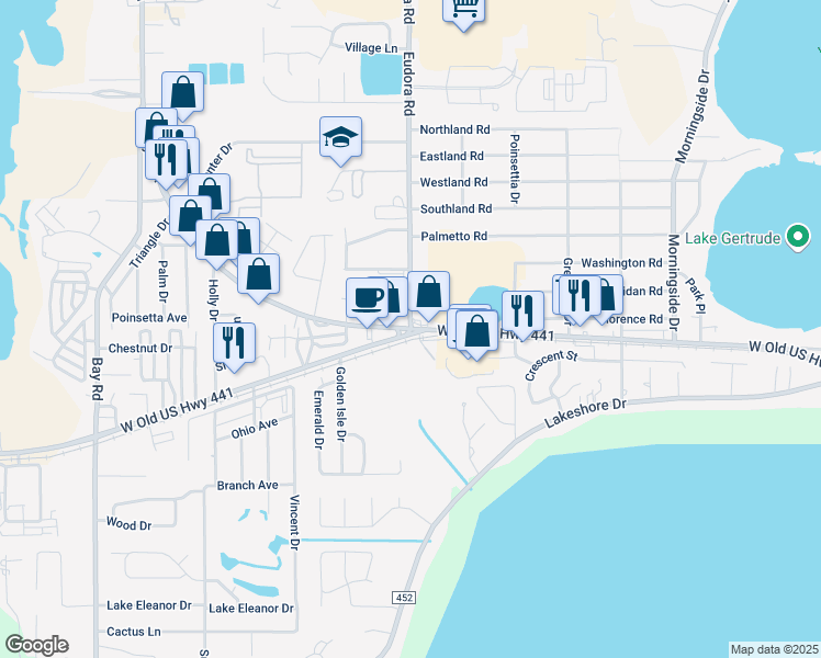 map of restaurants, bars, coffee shops, grocery stores, and more near 1401 Eudora Road in Mount Dora