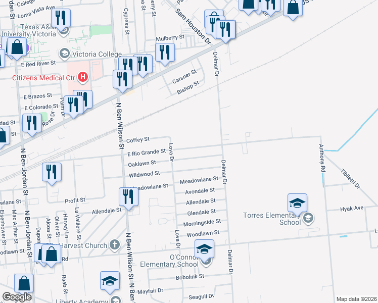 map of restaurants, bars, coffee shops, grocery stores, and more near 3310 Oaklawn Street in Victoria
