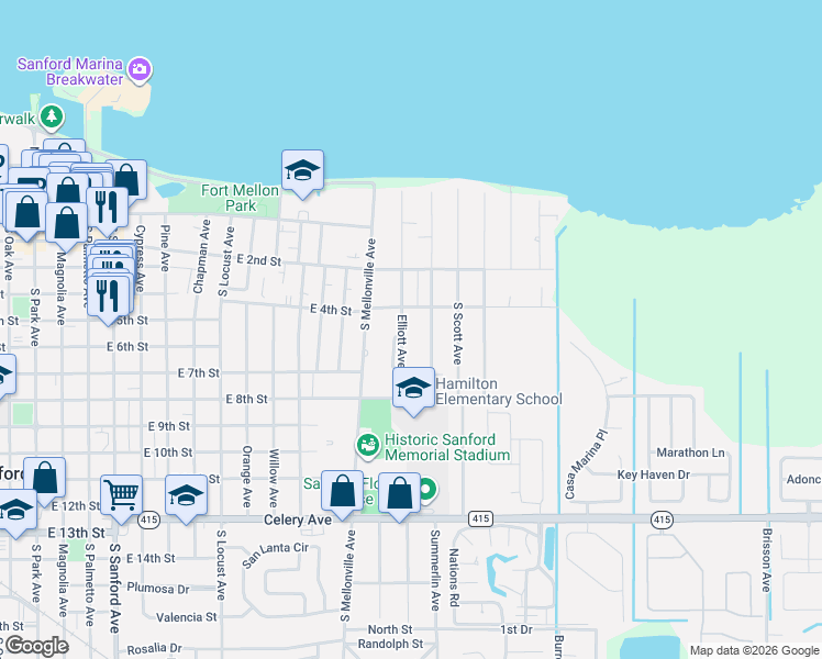 map of restaurants, bars, coffee shops, grocery stores, and more near 431 Elliott Avenue in Sanford