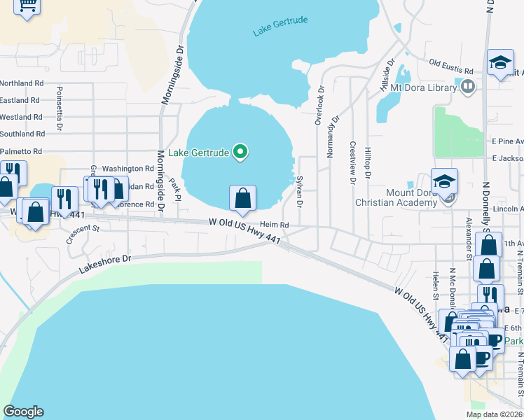 map of restaurants, bars, coffee shops, grocery stores, and more near 1343 Heim Road in Mount Dora