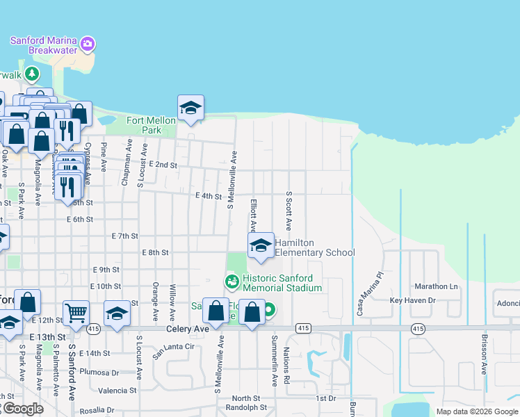 map of restaurants, bars, coffee shops, grocery stores, and more near 431 Elliott Avenue in Sanford