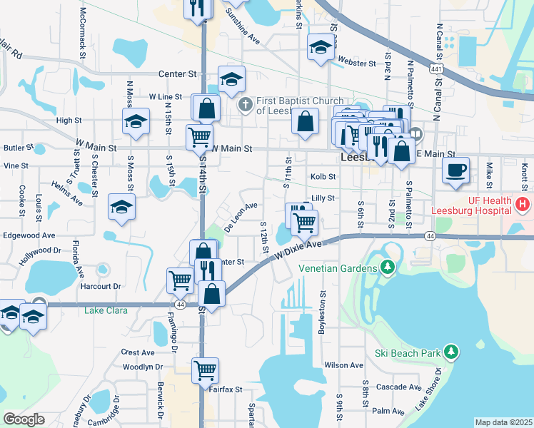 map of restaurants, bars, coffee shops, grocery stores, and more near 412 South 12th Street in Leesburg