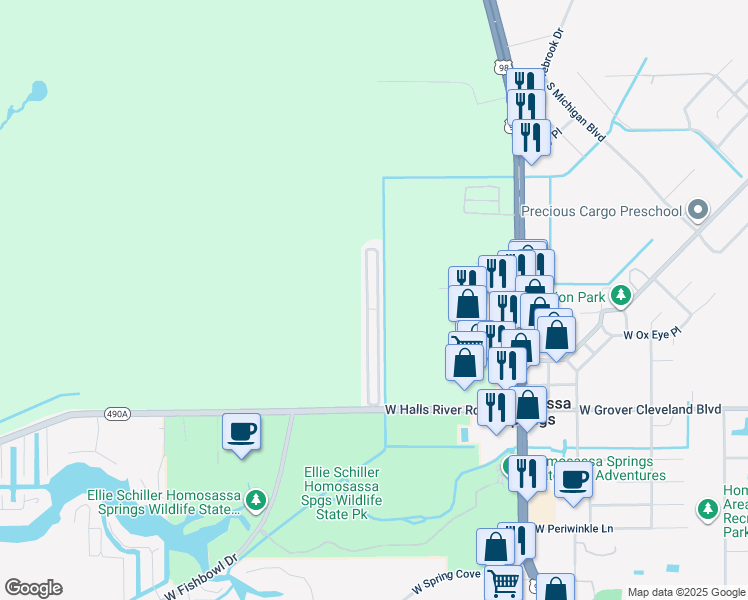 map of restaurants, bars, coffee shops, grocery stores, and more near 8975 West Halls River Road in Homosassa