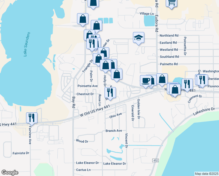 map of restaurants, bars, coffee shops, grocery stores, and more near 1191 Simpson Lane in Mount Dora