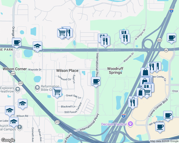 map of restaurants, bars, coffee shops, grocery stores, and more near 6214 Forsythe Loop in Sanford
