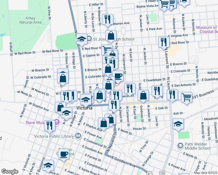 map of restaurants, bars, coffee shops, grocery stores, and more near 1306 North Wheeler Street in Victoria
