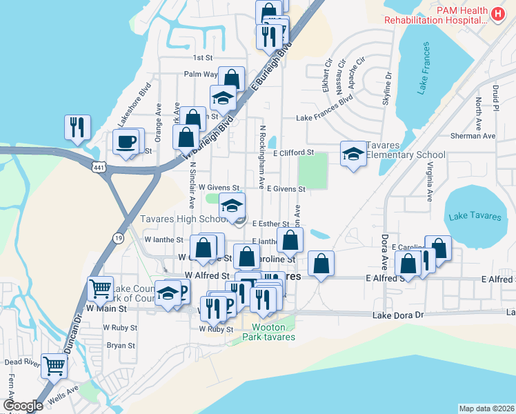 map of restaurants, bars, coffee shops, grocery stores, and more near 615 North Rockingham Avenue in Tavares