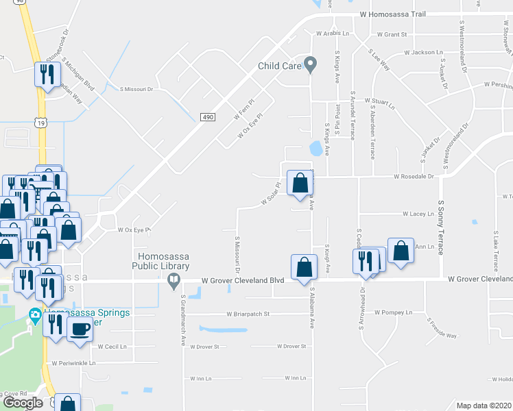 map of restaurants, bars, coffee shops, grocery stores, and more near 7791 West Solar Place in Homosassa