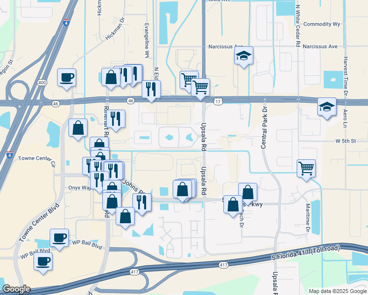 map of restaurants, bars, coffee shops, grocery stores, and more near Cardinal Cove Circle in Sanford