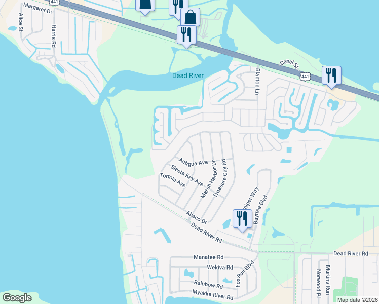 map of restaurants, bars, coffee shops, grocery stores, and more near 4496 Manica Drive in Tavares