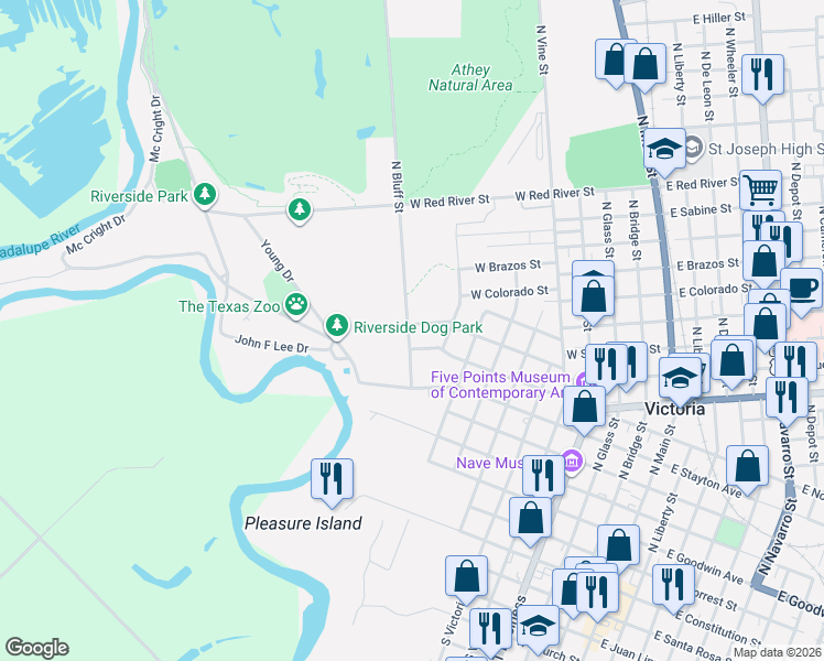 map of restaurants, bars, coffee shops, grocery stores, and more near 1016 West North Street in Victoria