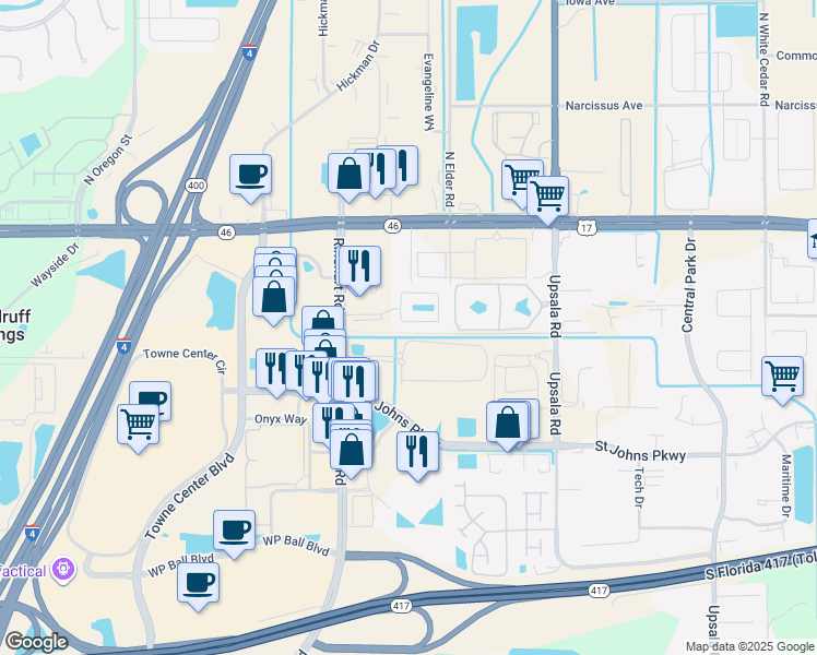 map of restaurants, bars, coffee shops, grocery stores, and more near 1430 San Jacinto Circle in Sanford