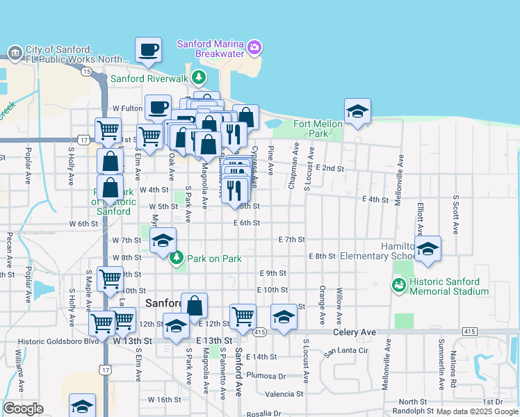 map of restaurants, bars, coffee shops, grocery stores, and more near 501 Cypress Avenue in Sanford