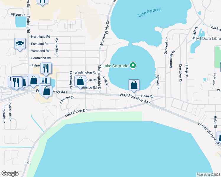 map of restaurants, bars, coffee shops, grocery stores, and more near 1801 West Old US Highway 441 in Mount Dora