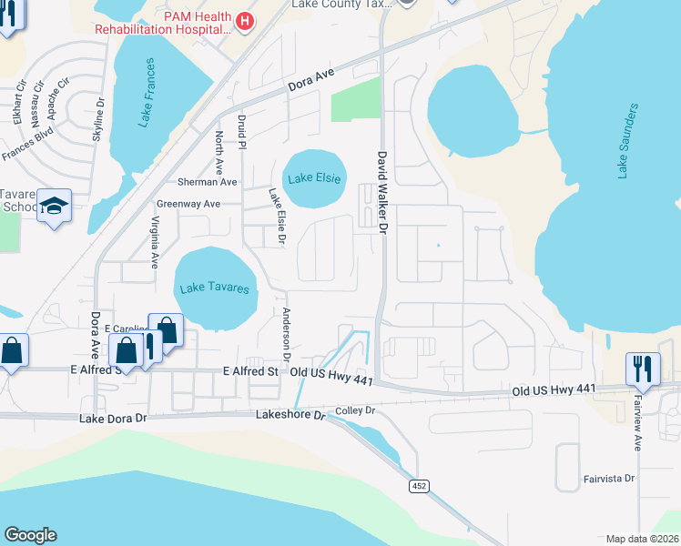 map of restaurants, bars, coffee shops, grocery stores, and more near 15010 Trail Drive in Tavares
