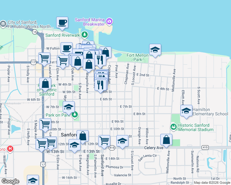 map of restaurants, bars, coffee shops, grocery stores, and more near 515 Pine Avenue in Sanford