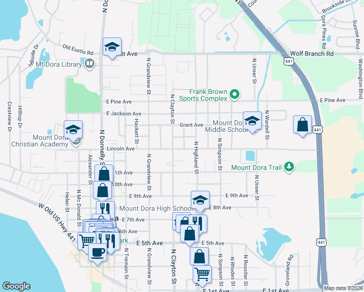 map of restaurants, bars, coffee shops, grocery stores, and more near 808 Lincoln Avenue in Mount Dora