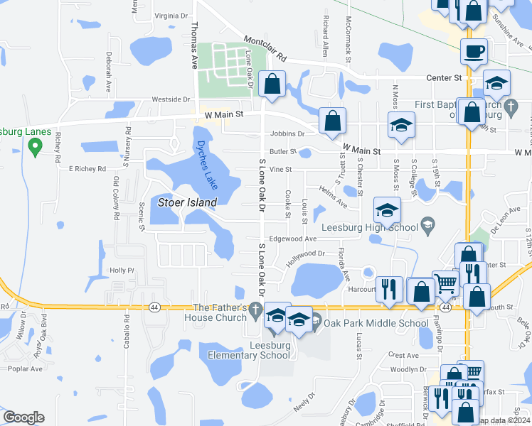 map of restaurants, bars, coffee shops, grocery stores, and more near 404 South Lone Oak Drive in Leesburg