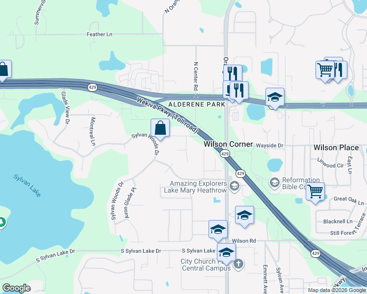 map of restaurants, bars, coffee shops, grocery stores, and more near 208 Capri Cove Place in Sanford