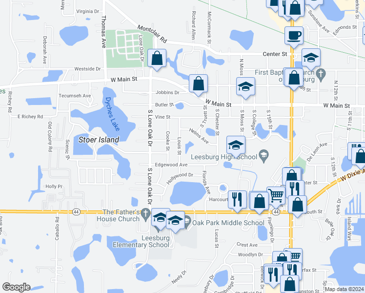 map of restaurants, bars, coffee shops, grocery stores, and more near 404 Louis Street in Leesburg