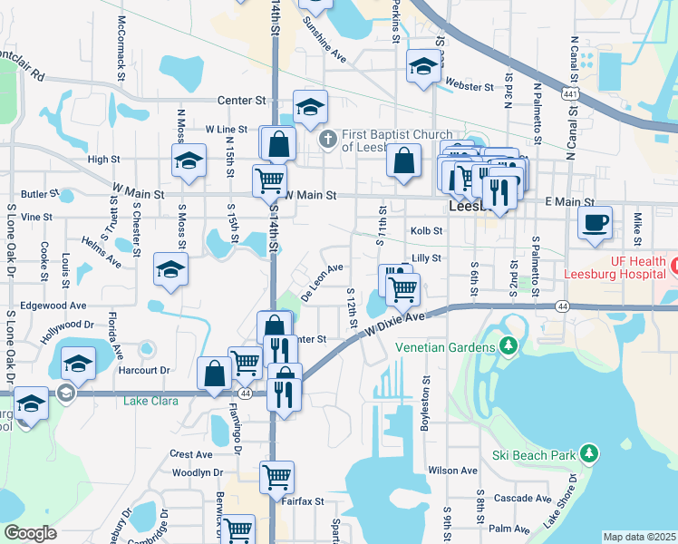 map of restaurants, bars, coffee shops, grocery stores, and more near 1215 Osceola Avenue in Leesburg