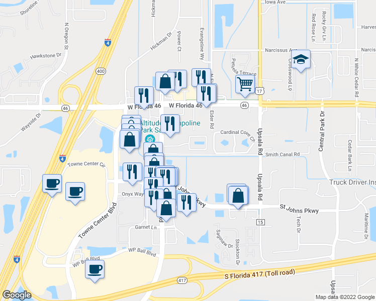 map of restaurants, bars, coffee shops, grocery stores, and more near 4501 Ramble Rose Circle in Sanford