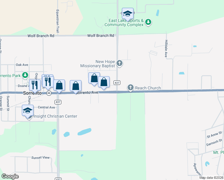 map of restaurants, bars, coffee shops, grocery stores, and more near 24445 Florida 46 in Sorrento