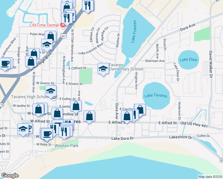 map of restaurants, bars, coffee shops, grocery stores, and more near 805 McLain Court in Tavares