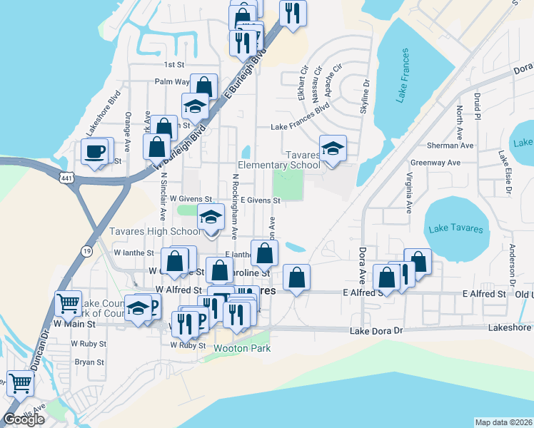 map of restaurants, bars, coffee shops, grocery stores, and more near 616 North Disston Avenue in Tavares