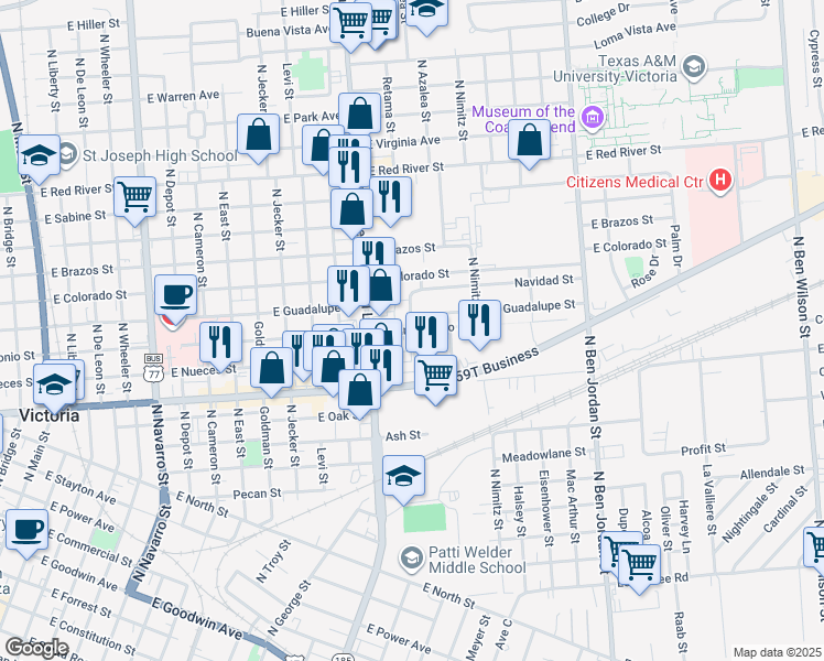 map of restaurants, bars, coffee shops, grocery stores, and more near 1407 East San Antonio Street in Victoria