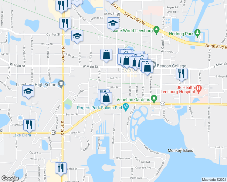 map of restaurants, bars, coffee shops, grocery stores, and more near 909 Lilly Street in Leesburg
