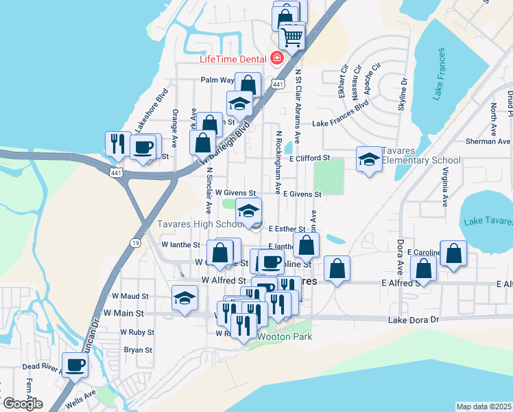 map of restaurants, bars, coffee shops, grocery stores, and more near 701 South New Hampshire Avenue in Tavares