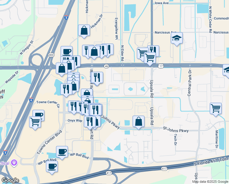 map of restaurants, bars, coffee shops, grocery stores, and more near 3211 San Jacinto Circle in Sanford