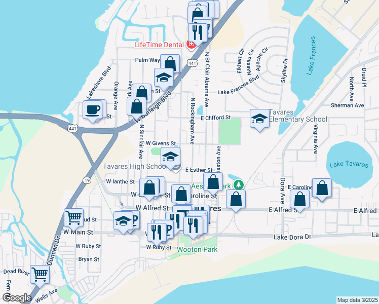 map of restaurants, bars, coffee shops, grocery stores, and more near 106 East Givens Street in Tavares