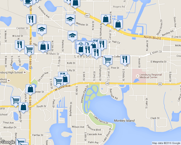 map of restaurants, bars, coffee shops, grocery stores, and more near 306 South 6th Street in Leesburg