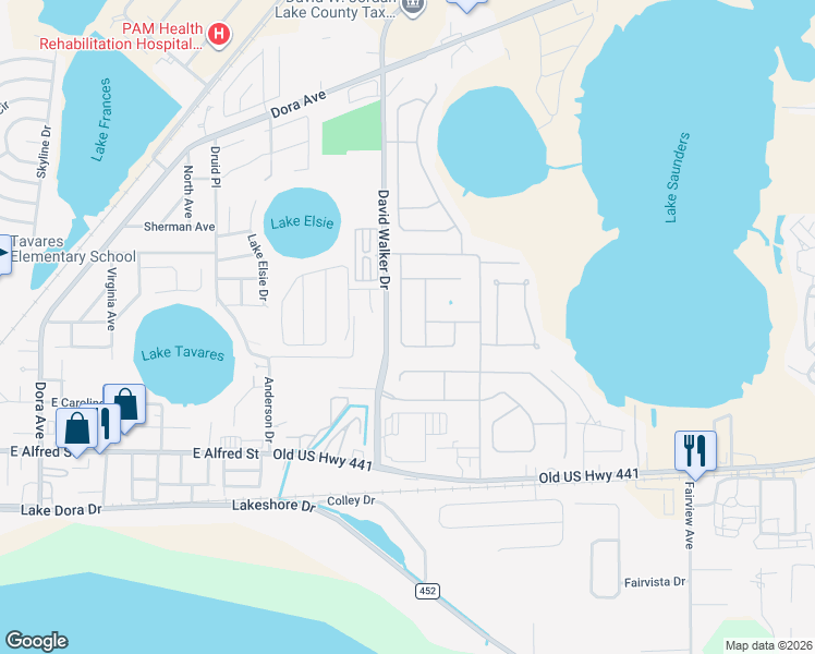 map of restaurants, bars, coffee shops, grocery stores, and more near 4066 Waltham Forest Drive in Tavares