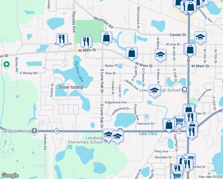 map of restaurants, bars, coffee shops, grocery stores, and more near 2201 Hutchinson Avenue in Leesburg