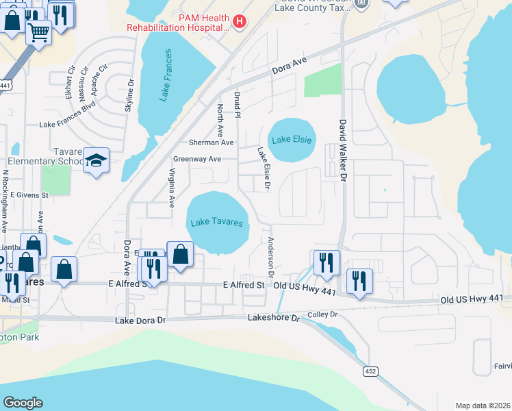 map of restaurants, bars, coffee shops, grocery stores, and more near 31600 Anderson Drive in Tavares