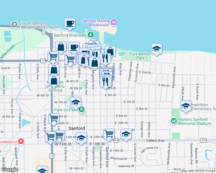 map of restaurants, bars, coffee shops, grocery stores, and more near 306 East 4th Street in Sanford