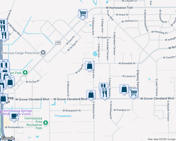 map of restaurants, bars, coffee shops, grocery stores, and more near 3642 South Alabama Avenue in Homosassa