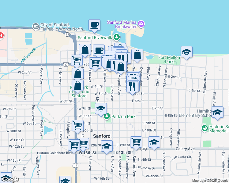 map of restaurants, bars, coffee shops, grocery stores, and more near 419 South Park Avenue in Sanford